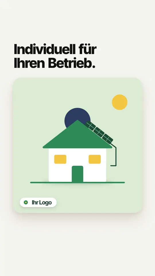 Standbild aus dem Video: animiertes Haus mit Solarmodulen auf hellem Grund, dazu die Zeile Individuell für Ihren Betrieb