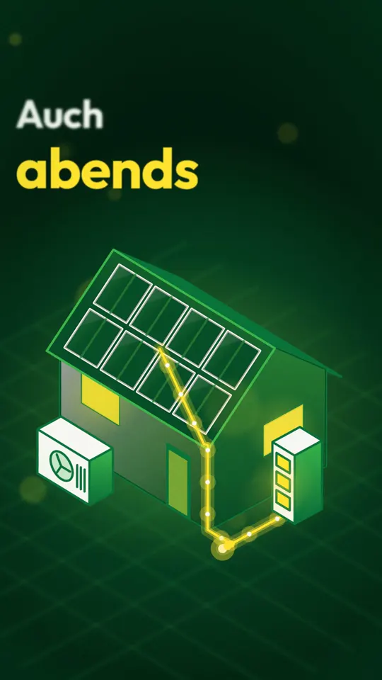 Standbild aus dem Video: isometrisches Haus mit Solarmodulen, Batteriespeicher und Wärmepumpe, dazu die Zeile Auch abends